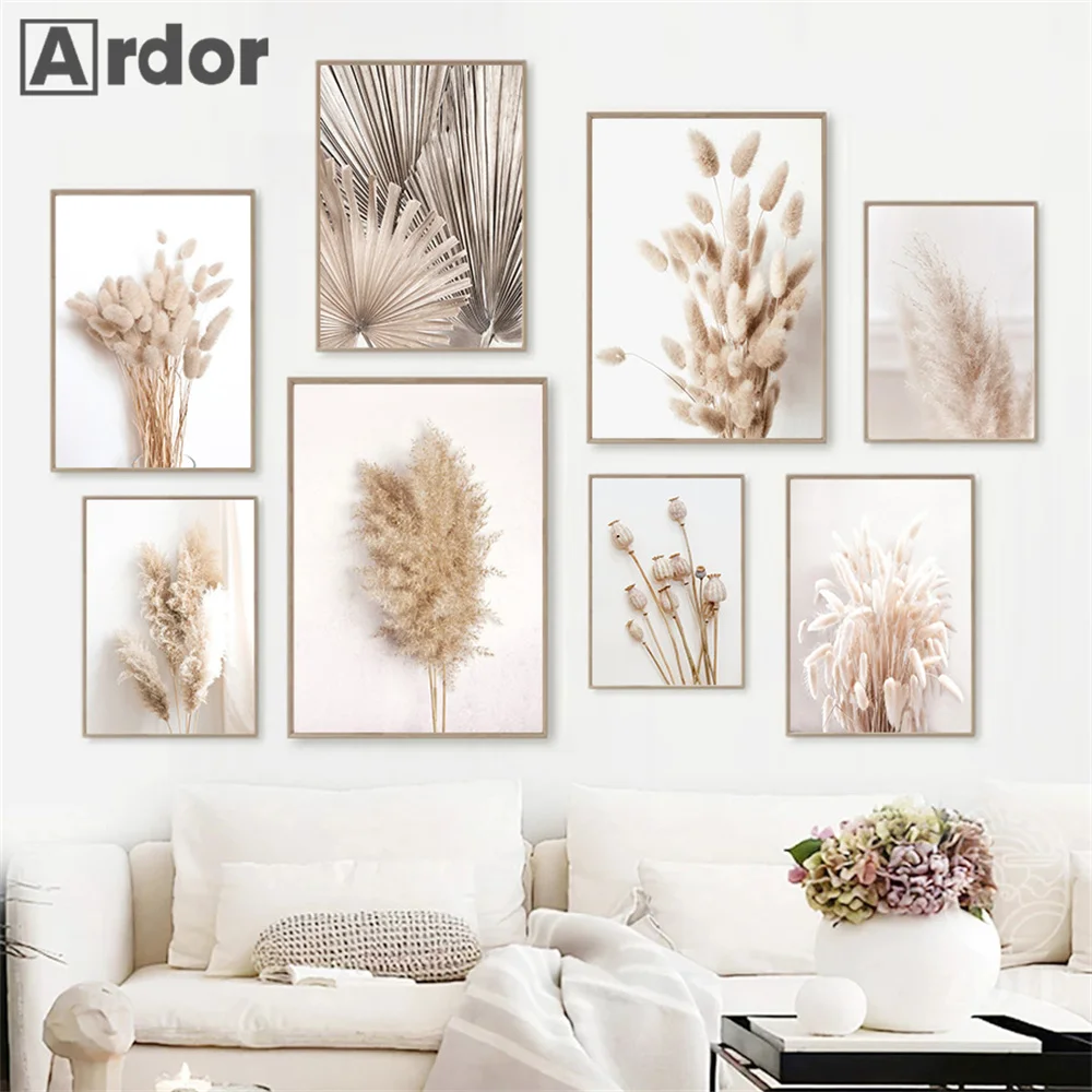 

Leaf Reed Posters Nature Scenery Painting Beige Bunny Tail Grass Canvas Print Nordic Poster Wall Art Picture Living Room Decor
