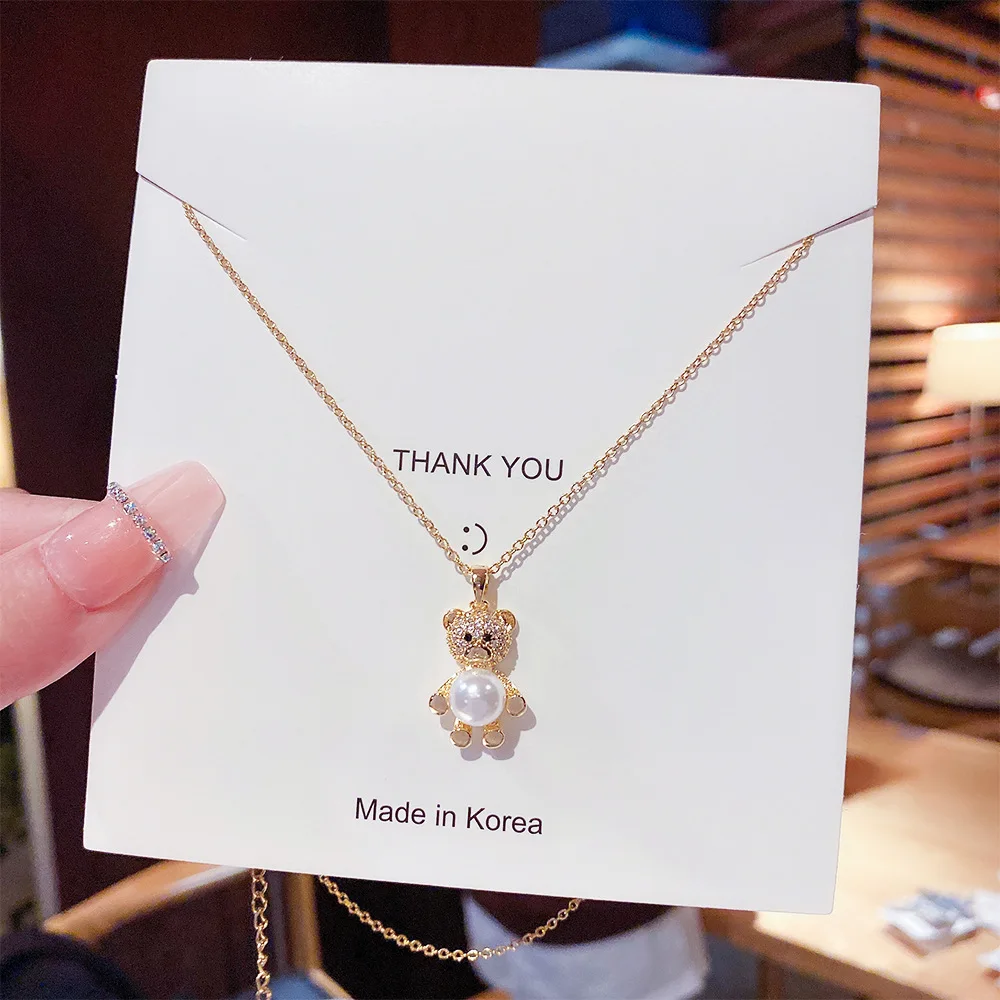 

2022 Bear Pearl Gold Cute Necklace Women Clavicle Chain Titanium Steel Trendy Jewelry 2022 Exquisite Peculiar Casual Party Date