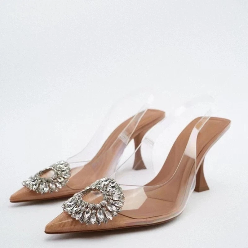 

ZARZ Sandals Women 2022 Luxury Brand Summer Fashion Rhinestones Pointed Toe High Heel Design Transparent Sexy Pumps Muller Shoes