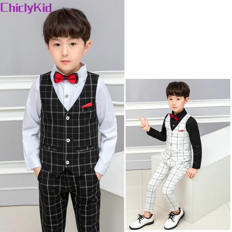 

Boy Plaid Top Ring Bearer Waistcoat Wedding Clothes Set Kids Gentleman Formal Suits Child Tie Shirt Vest Trousers Toddler Outfit