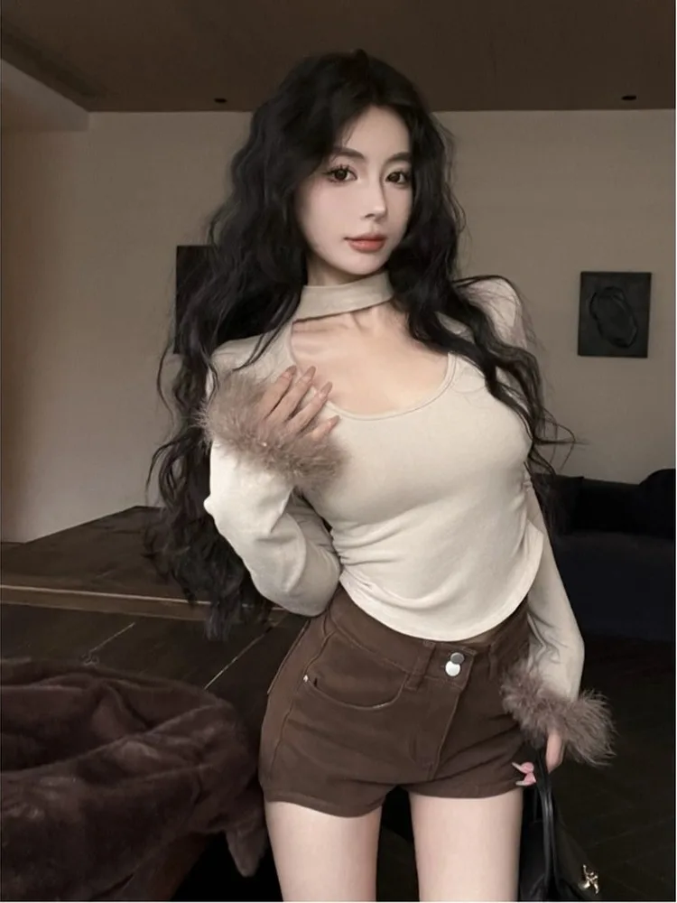 Pure Desire Сексуальный меховой топ с U-образным воротником Gyaru женская осенняя