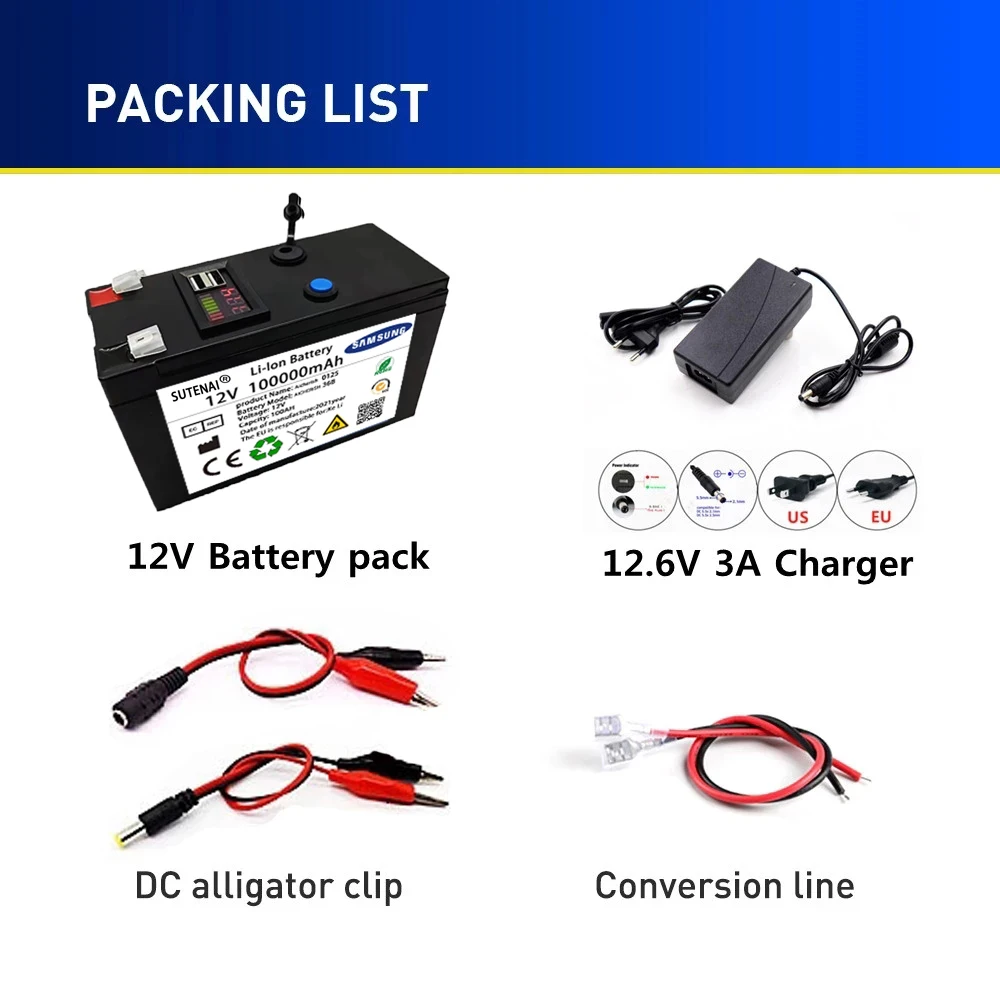 

LiFePO4 Lithium Battery 12V 100Ah Draagbare Oplaadbare Batterij Ingebouwde 5V 2.1A Usb Power Display Poort Opladen Met + Lading