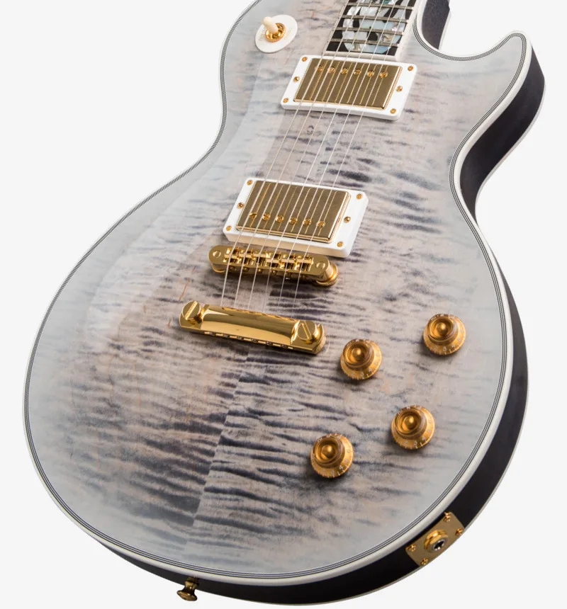 

Crimson Ice Flame Gray Maple Top Electric Guitar 3 Piece Flame Maple Neck, Ice Flame Inlay, Gold Grover Imperial Tuners