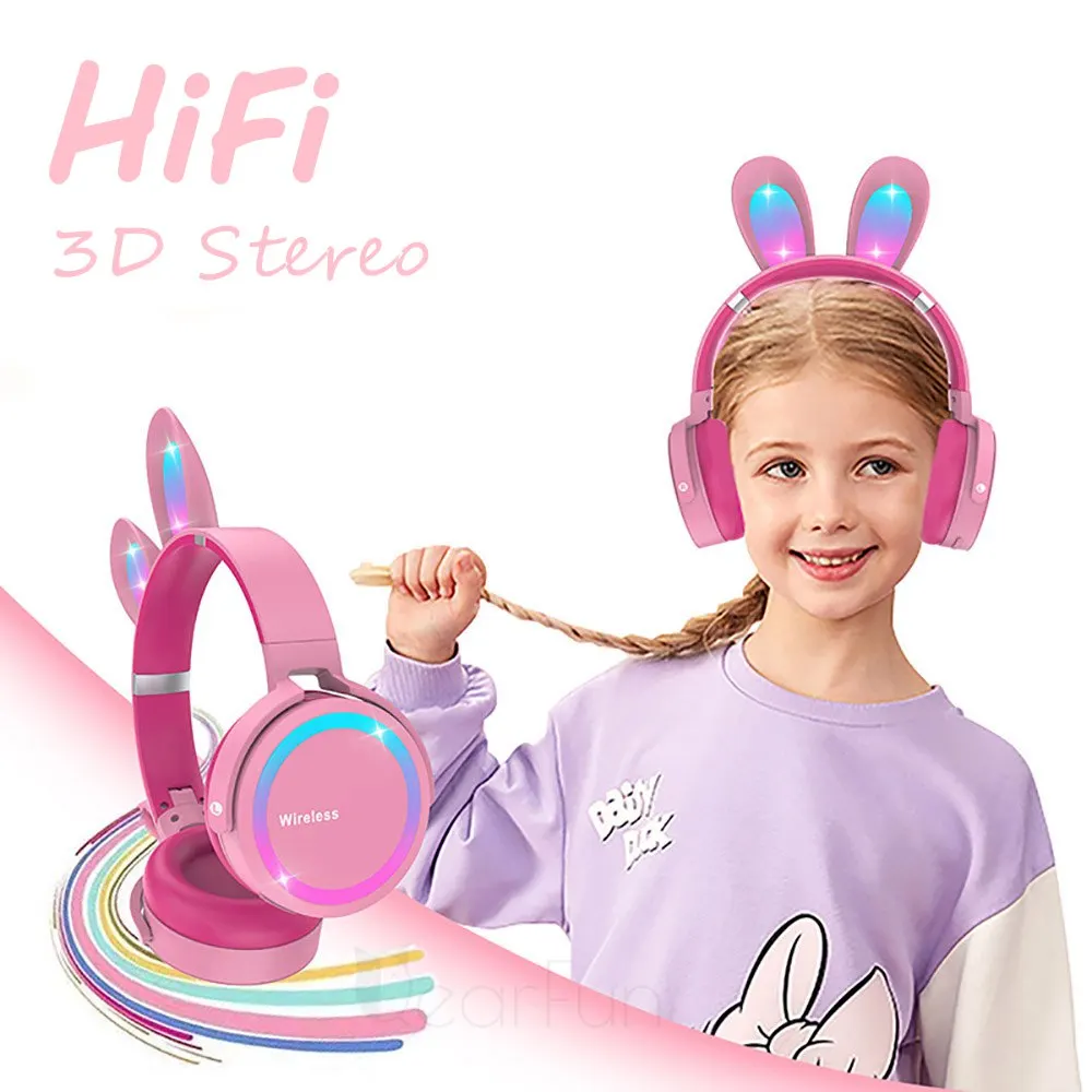 

Stereo Children's Headphones Bluetooth Wireless Earphone with Microphone Kids RGB LED Cute Cartoon Music Headset support TF card