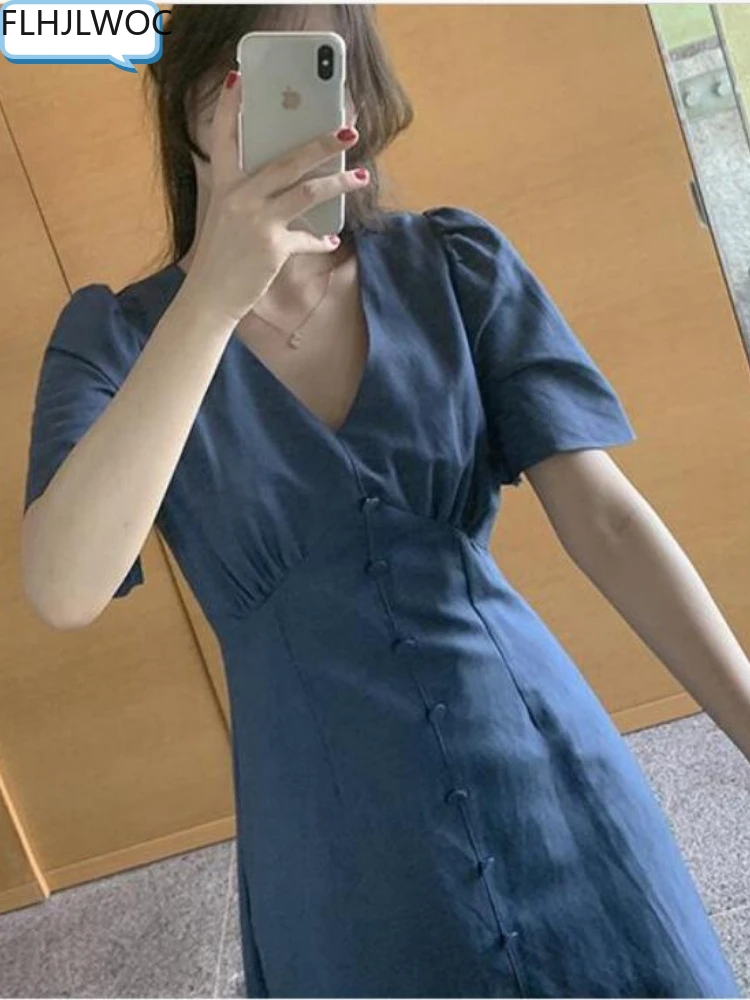 

Платье женское хлопковое на пуговицах, модное винтажное длинное платье-рубашка с коротким рукавом, в Корейском стиле, 6011