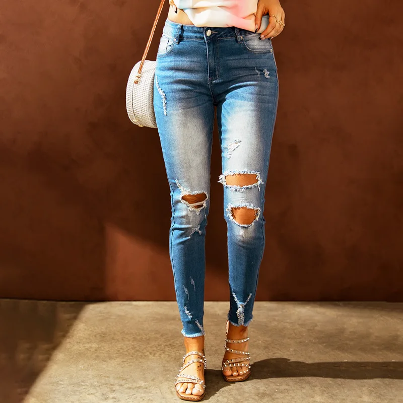 

New Women's Fashion High Waist Boyfriend Big Hole Jeans Casual High Street Jeans Sexy Retro Pencil Jeans