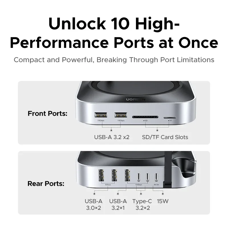 Фото Док-станция UGREEN USB HUB с SSD до 8 ТБ, порты USB-A и USB-C до 10 Гбит/с, SD и TF до 170 МБ/с, USB-разветвитель для Mac Mini M4 M4 Pro M.2 NVMe №5