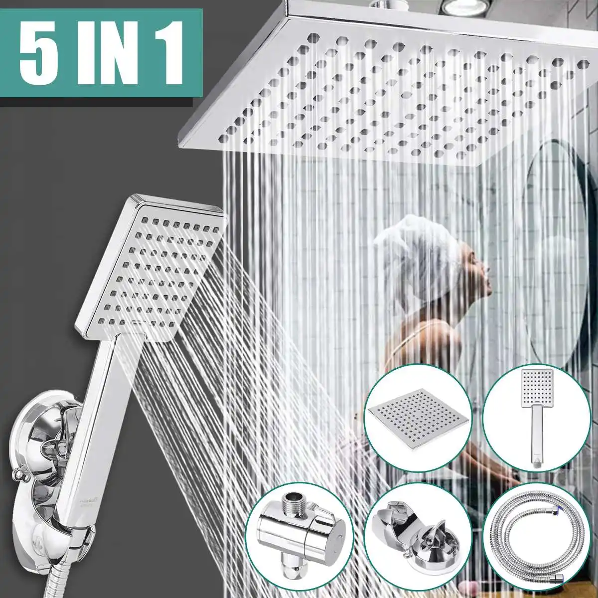

8 inch Detachable Bathroom Shower Head Set Rainfall Handheld High Pressure Saving Water Shower Head 5 In 1 Spray Modes Sliver
