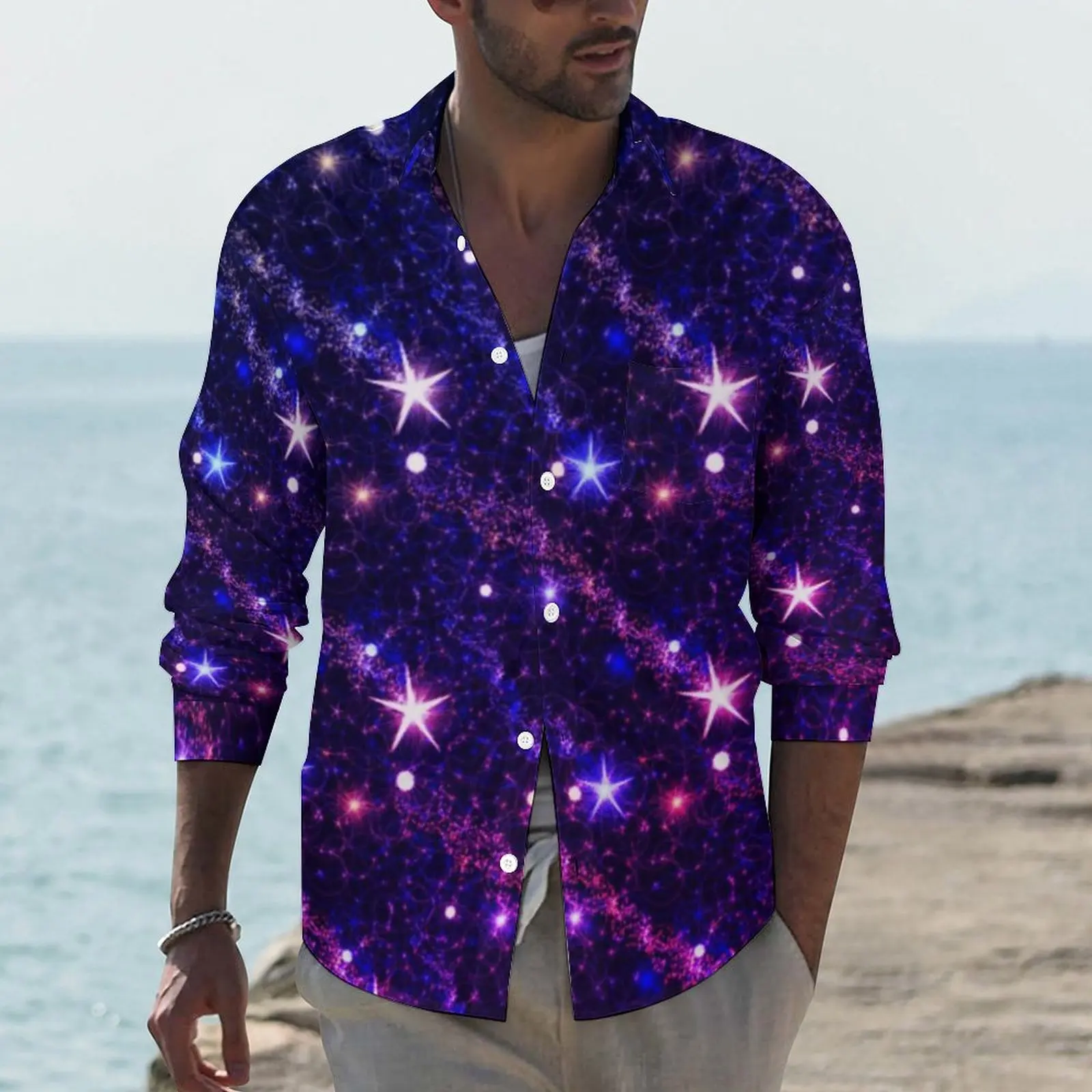 

Shooting Stars Shirt Men Galaxy Space Print Casual Shirts Street Graphic Blouses Long Sleeve Vintage Oversize Tops Birthday Gift