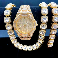 3pcs iced out watch bracelet necklaces for men gold watch chains bling bling jewelry for men simple watches for men gift relojes