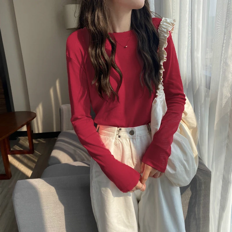 Осенне-зимние женские Базовые Футболки с длинным рукавом однотонные Женские