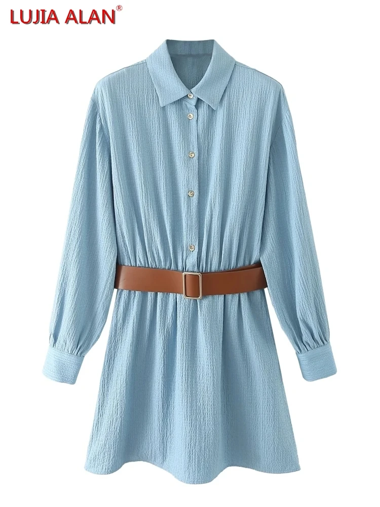 

New Women's Fashion Turndown Collar Belt Long Sleeve Casual Loose Mini Dress LUJIA ALAN WD918