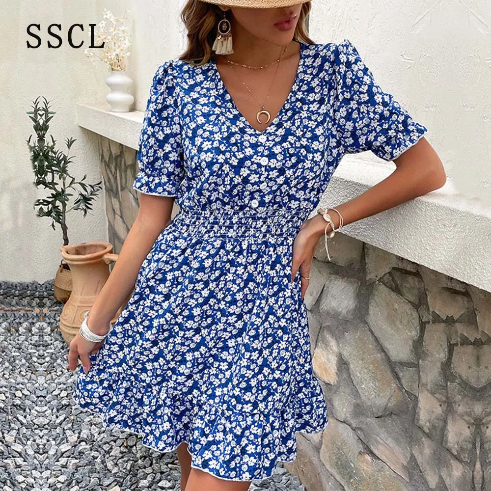 

SSCL Bohe Short Sleeve Floral Print Short Dresses Women 2023 Vestidos Para Mujer Summer Mini Dress Elegant Ruffles Sundress