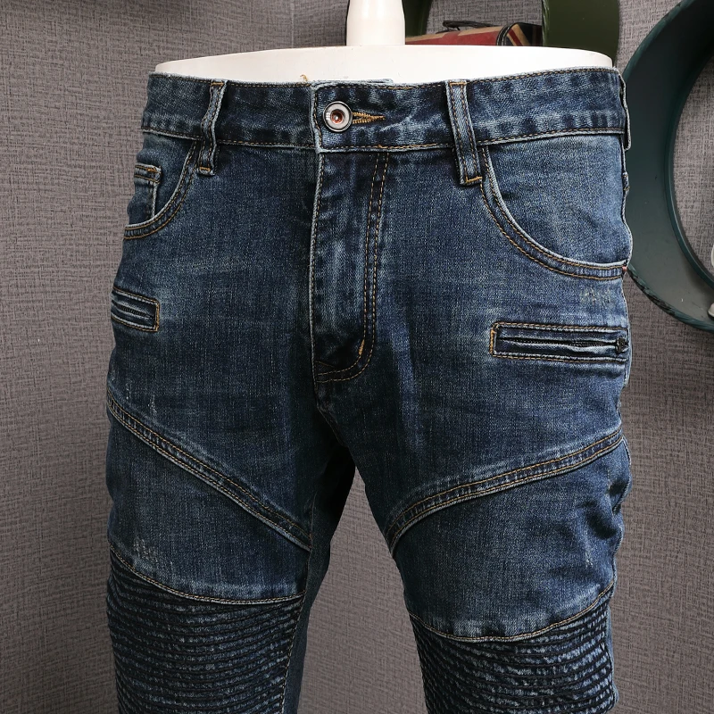 Fashion Streetwear Men Jeans Retro Blue Stretch Spliced Designer Biker Jeans Homme Hip Hop Pants Men Slim Vintage Punk Trousers