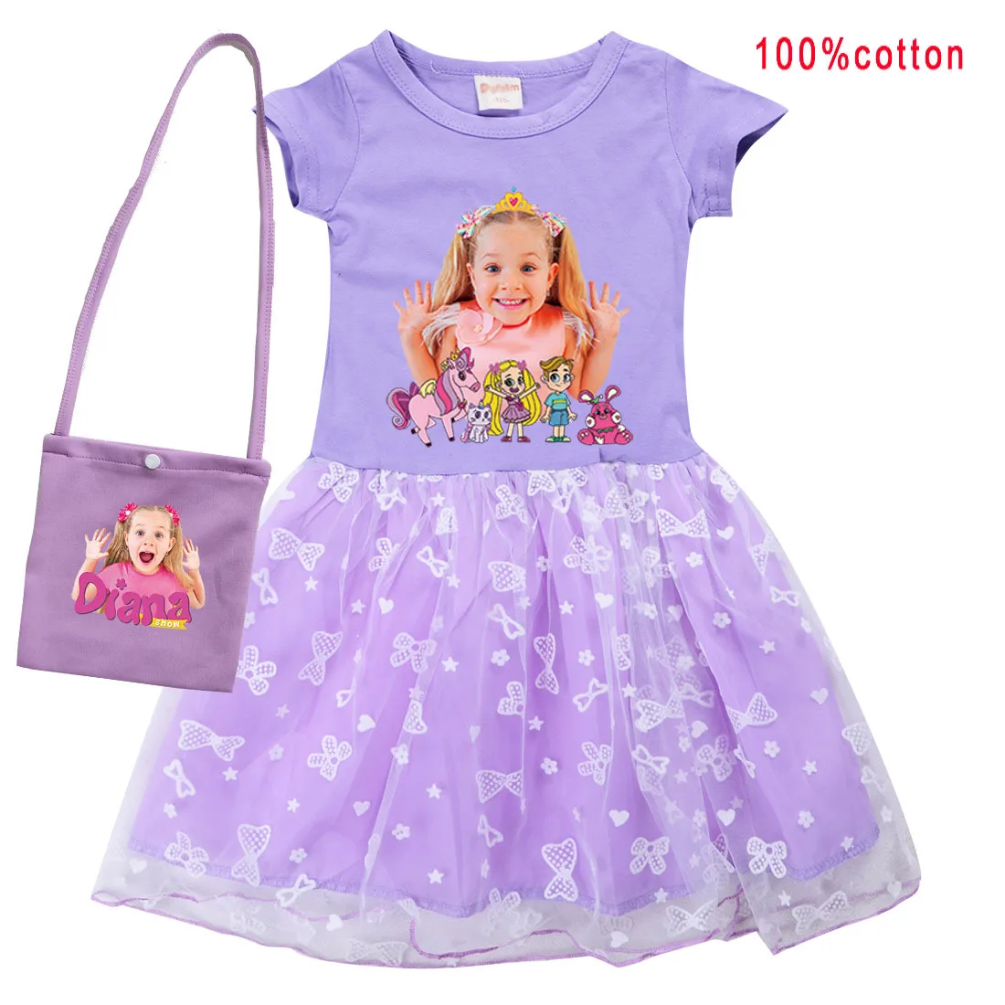

Kids Diana and Roma Show Clothes Baby Girls Casual Dresses Children Halloween Carnival Cosplay Costume Short Sleeve Dress & Bag