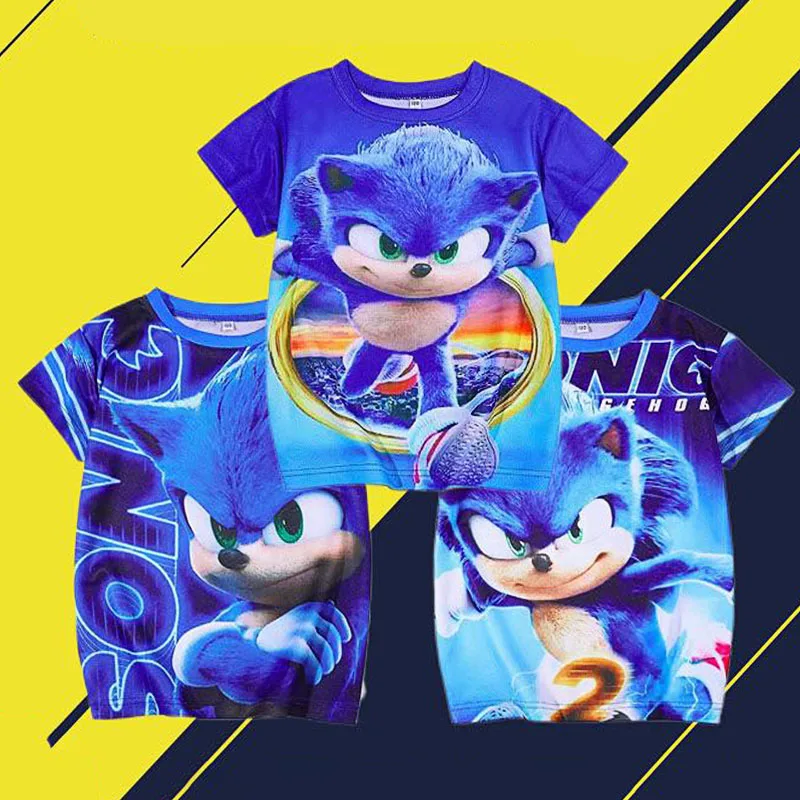 90-160Cm Sonic The Hedgehog T-Shirt 3D Anime Spiderman Children Boys Mesh Short Sleeves Cartoon Cars Printing Camouflage Clothes