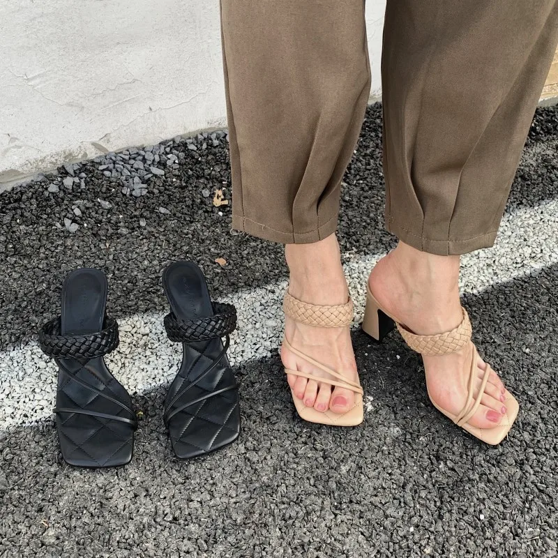 

Slippers Casual Female Shoes Women Heels Square Toe Slides Cross-Tied Luxury Soft 2022 High Concise Fabric Fashion Rome Rubber B