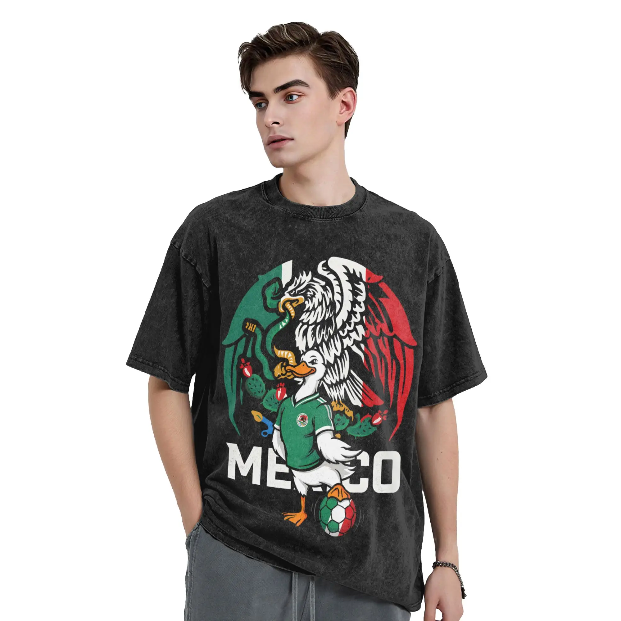 Фото Футболка Merlin The Duck Mexico Soccer в стиле хип-хоп, 100% хлопок, оверсайз, ретро, для мужчин и женщин, уличная одежда, лето №2