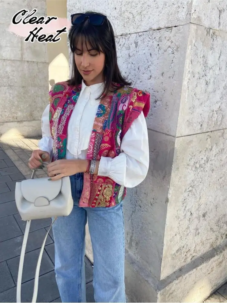 

2023 Vintage Floral Printed Vest For Women Fashion Sleeveless Loose Waistcoats Cardigan Female Loose Streetwear Cotton Tops