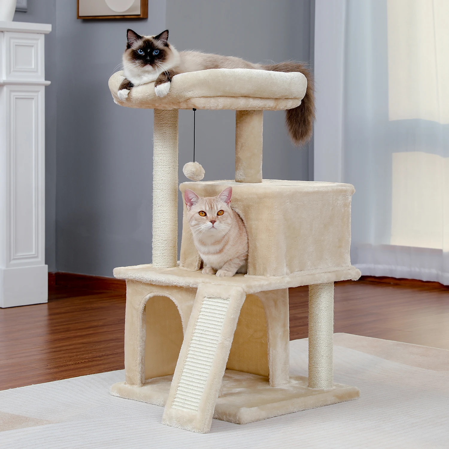 

Modern Small Cat Tree Cat Tower With Double Condos Spacious Perch Sisal Scratching Posts，Climbing Ladder and Replaceable Danglin