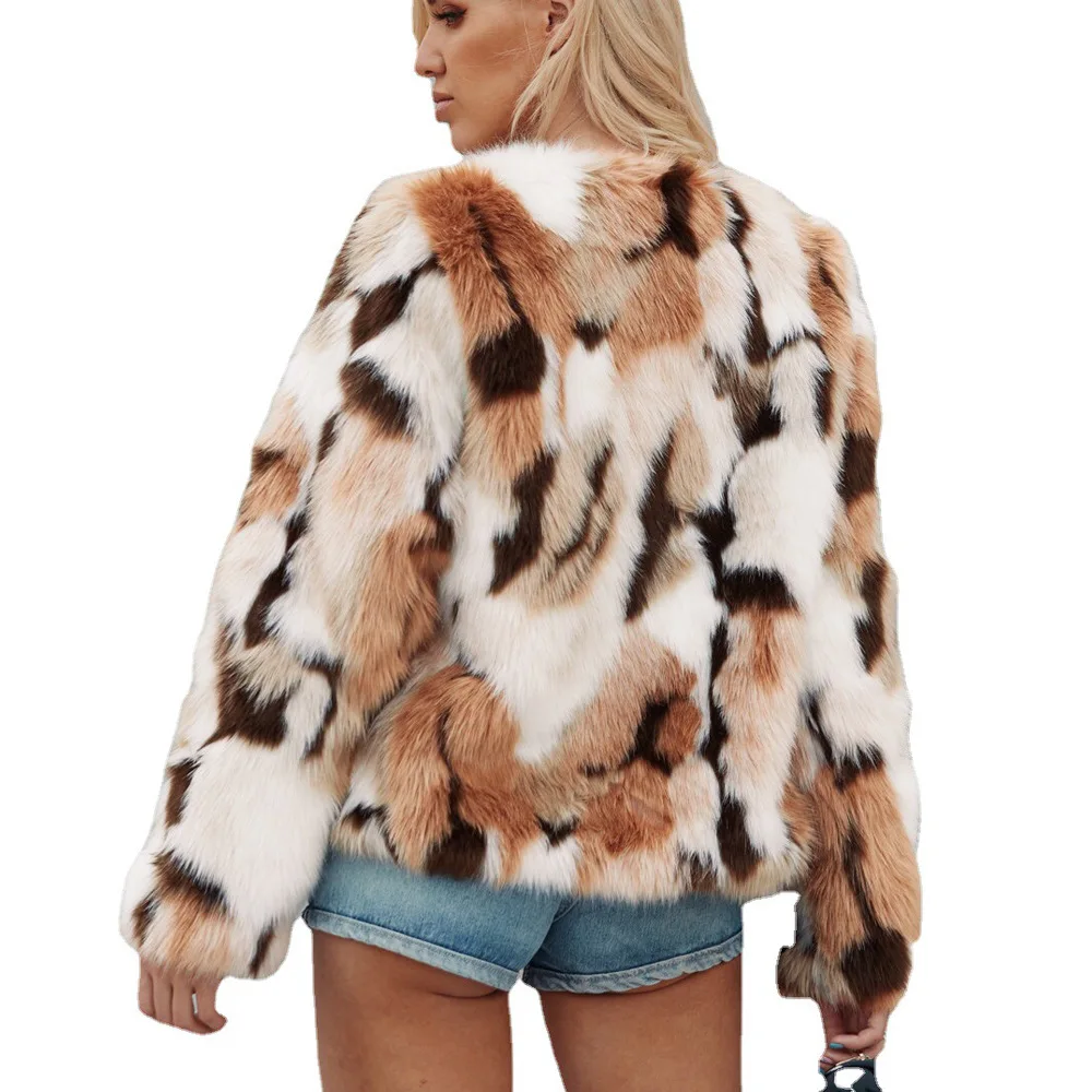 Women's Leather Fur Coat Fall Winter Fashion Mixed Color Imitation Fur Coat Top Female Faux Fur Coat