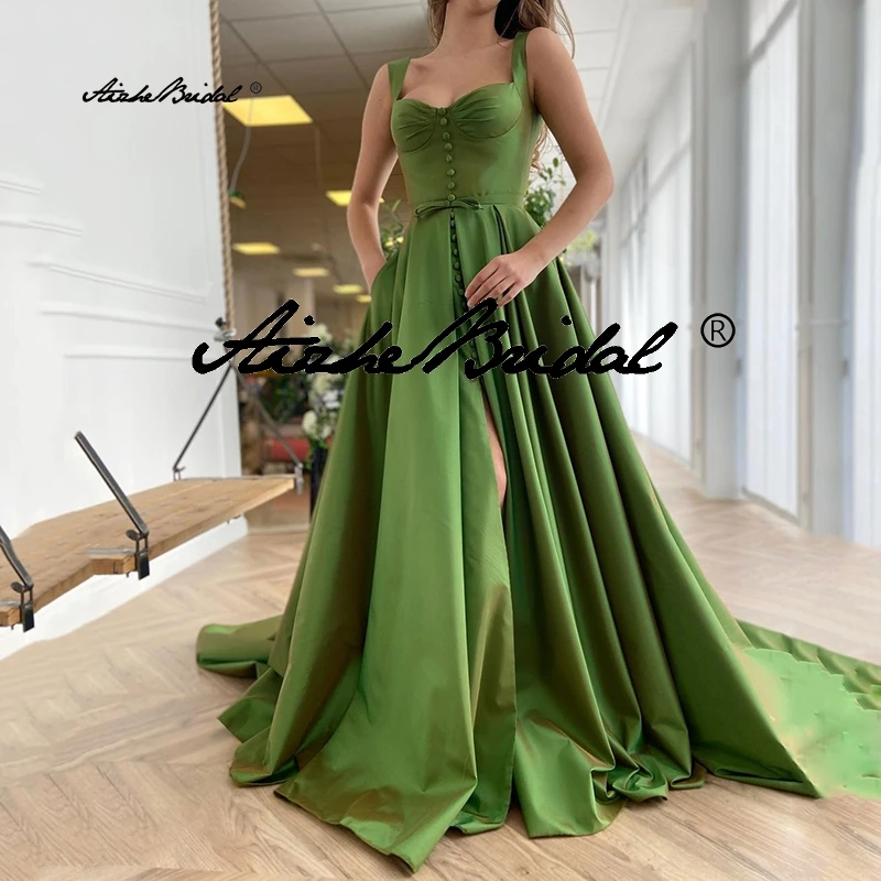 

Новое поступление, зеленое атласное бюстье, ТРАПЕЦИЕВИДНОЕ платье для выпускного вечера, элегантное вечернее платье на бретелях, платье для вечерние с разрезом