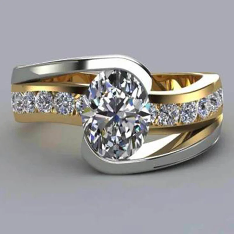 

Milangirl Creative Care Design Fashion Two Tone Finger Rings For Women With Middle Oval Cubic Zircon Crystal Stone