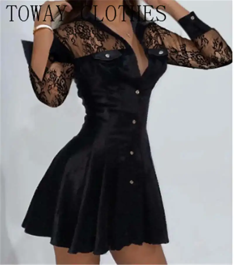 

Женское контрастное кружевное платье-рубашка с длинным рукавом и пуговицами