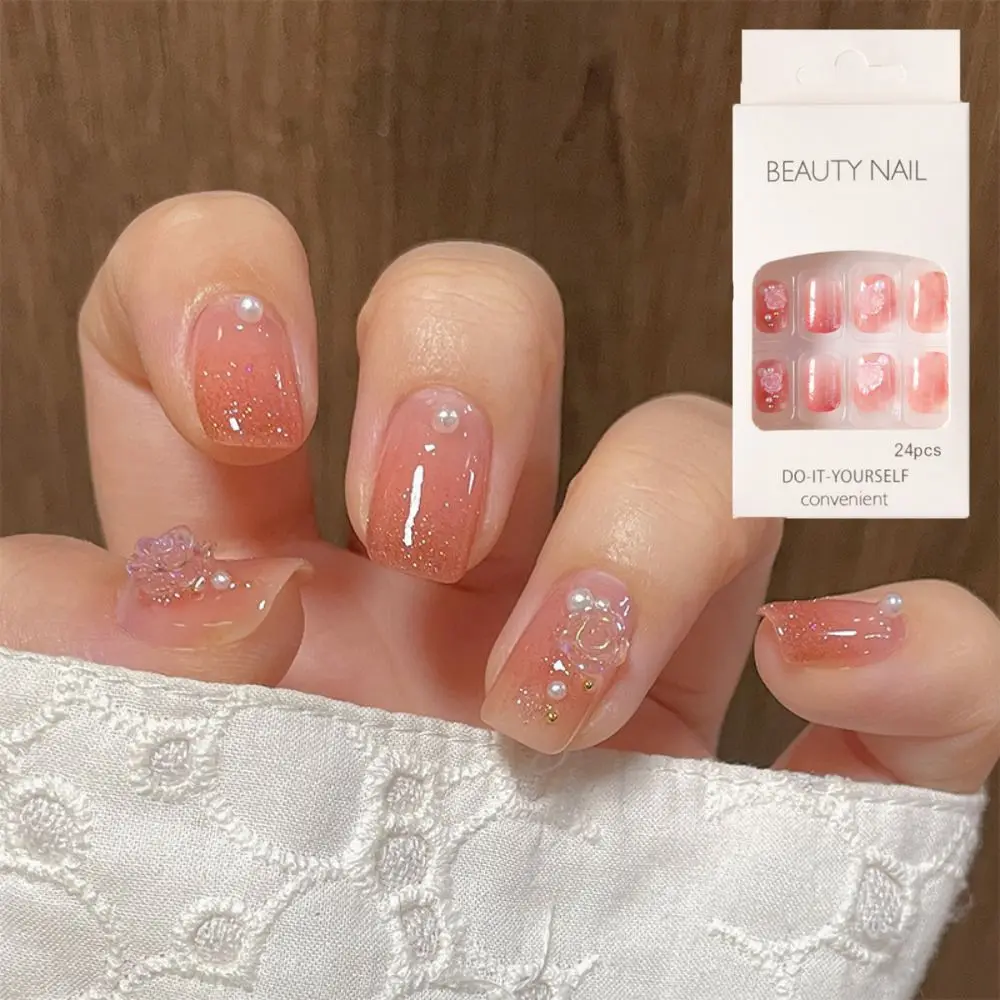 

24pcs Press on Nails False Nails Camellia Full Cover Short French Square Fake Nails