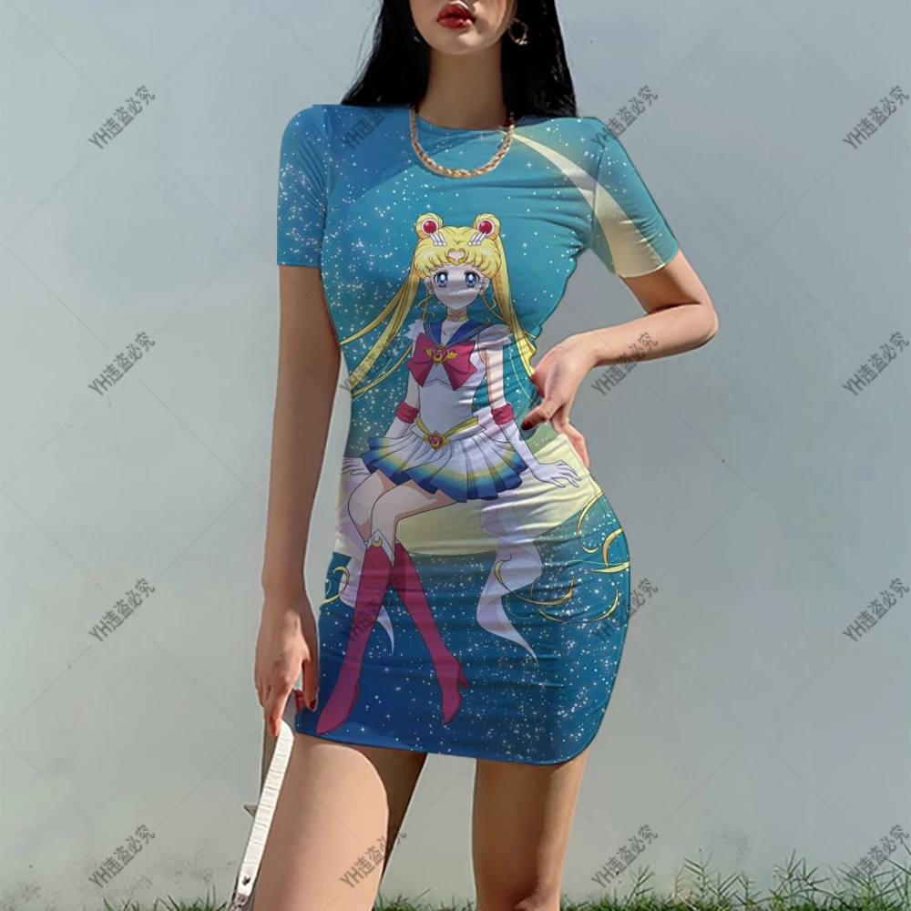 

Женское облегающее платье с мультяшным принтом Сейлор Мун, летнее модное платье для косплея, Пляжное праздничное платье с круглым вырезом, ...
