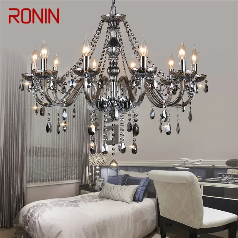 RONIN European Luxury Crystal Pendent Lamp Smoke Gray Living Room Restaurant Bedroom Villa Hotel Western Chandelier