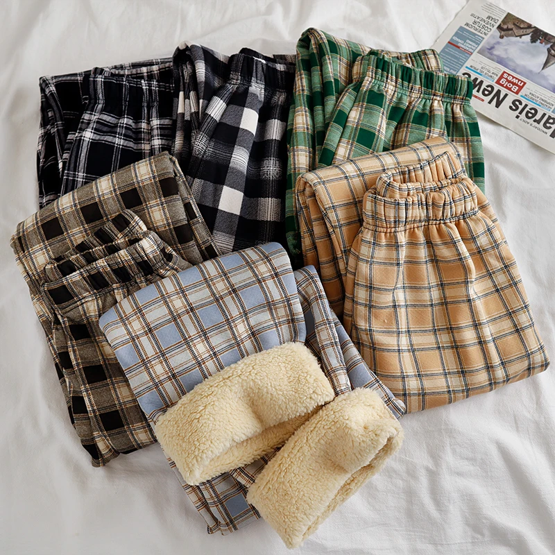 

Модные теплые плюшевые брюки, плотные клетчатые Женские повседневные свободные брюки с широкими штанинами, Корейская уличная одежда, прямые фонарики, Новинка