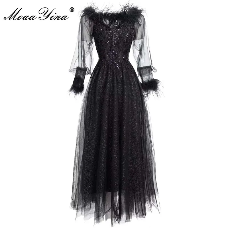 

MoaaYina Fashion Runway dress Autumn Women Dress Lantern sleeve High waist Beading Sequins Polka dot Balck Mesh Party Dresses