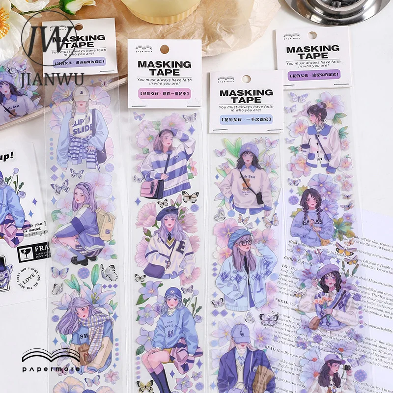 

JIANWU 60*350mm Flower Girl PET Washi Tape Waterproof Long Strip Journal Scrapbooking Decoration Masking Tapes Kawaii Stationery