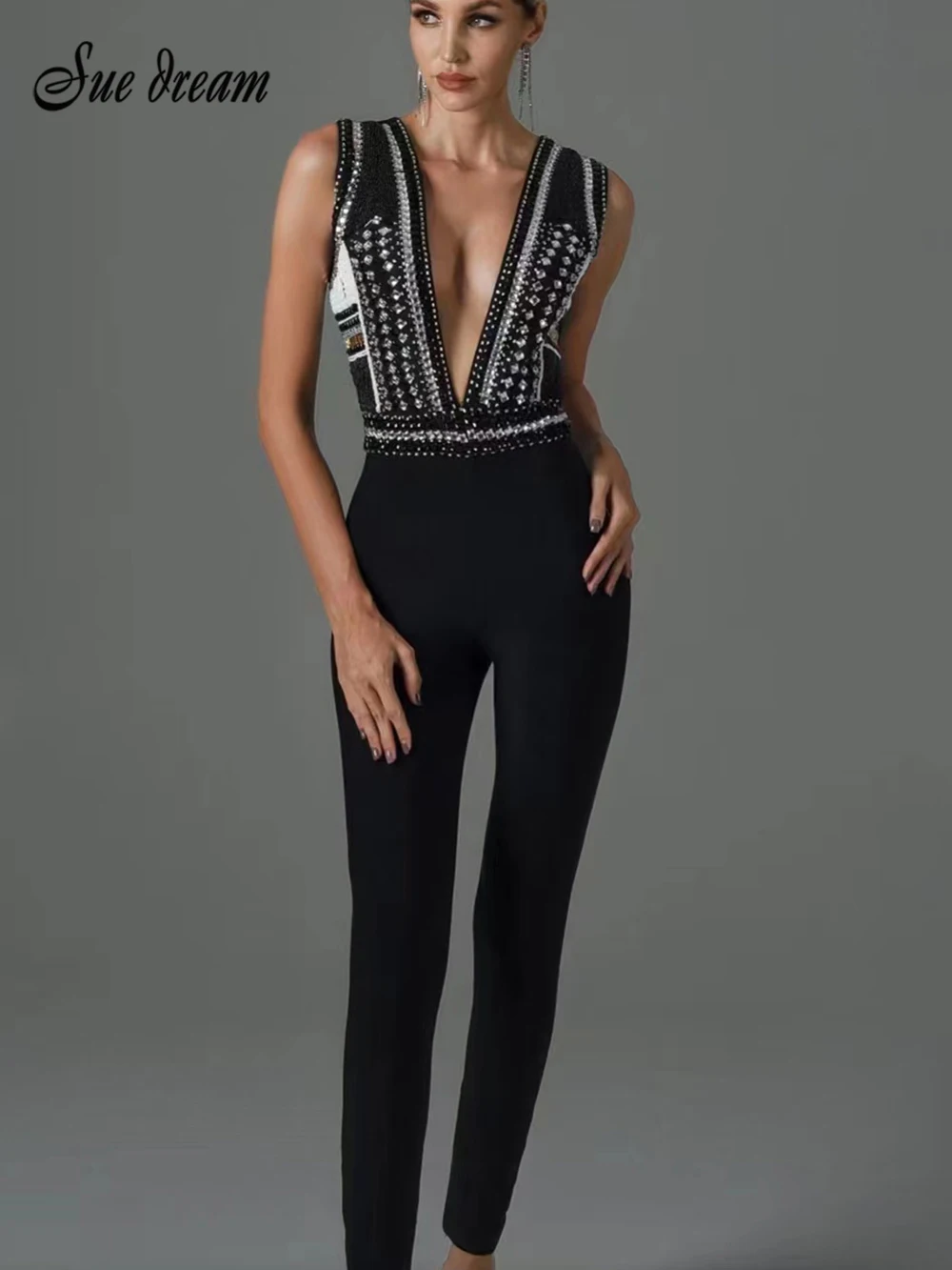 2023 Fashion Black Outwear Jumpsuits For Women Sexy Luxury Beading Sleeveless &Full Pants Club Party Rompers Jumpsuits