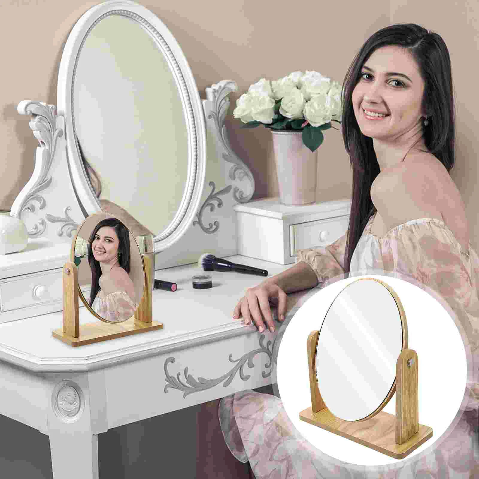 

1pc Wood Tabletop Mirror Makeup Mirror Home Oval Travel Vanity Mirror Dresser Mirror