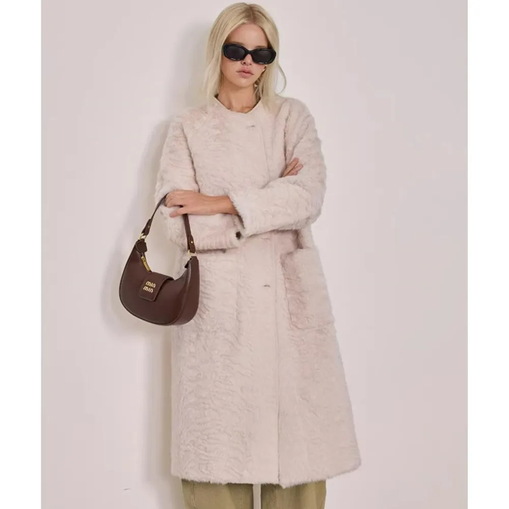 Зимнее кремово-белое лохматое пальто из искусственного кроличьего меха шикарная