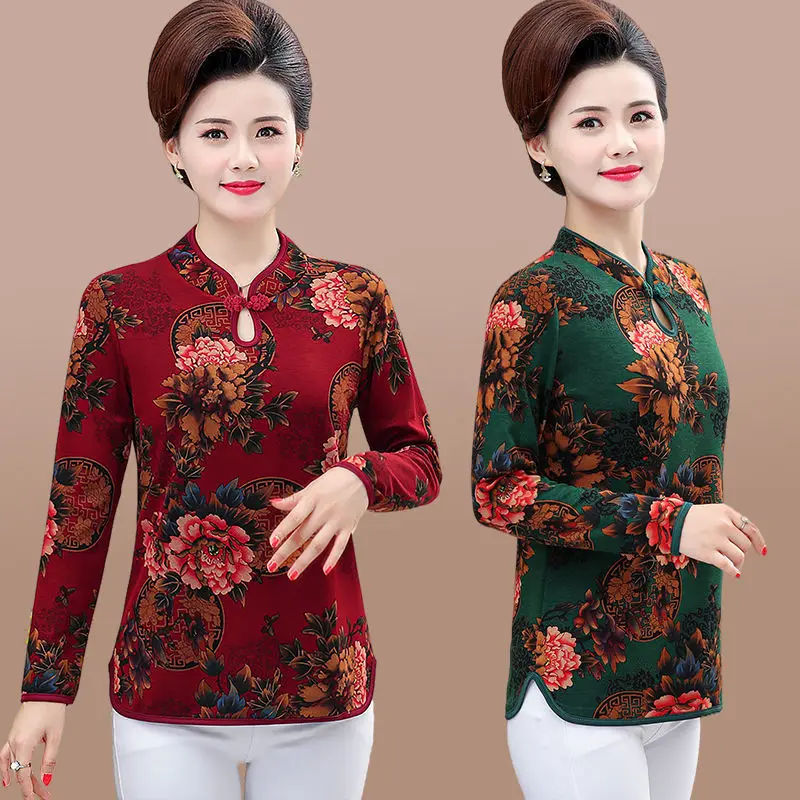 

Middle-aged Women's Autumn Long-sleeved T-shirt Mother's Wear Retro Stand Collar Top Ethnic Style Bottoming Shirt XL-5XL