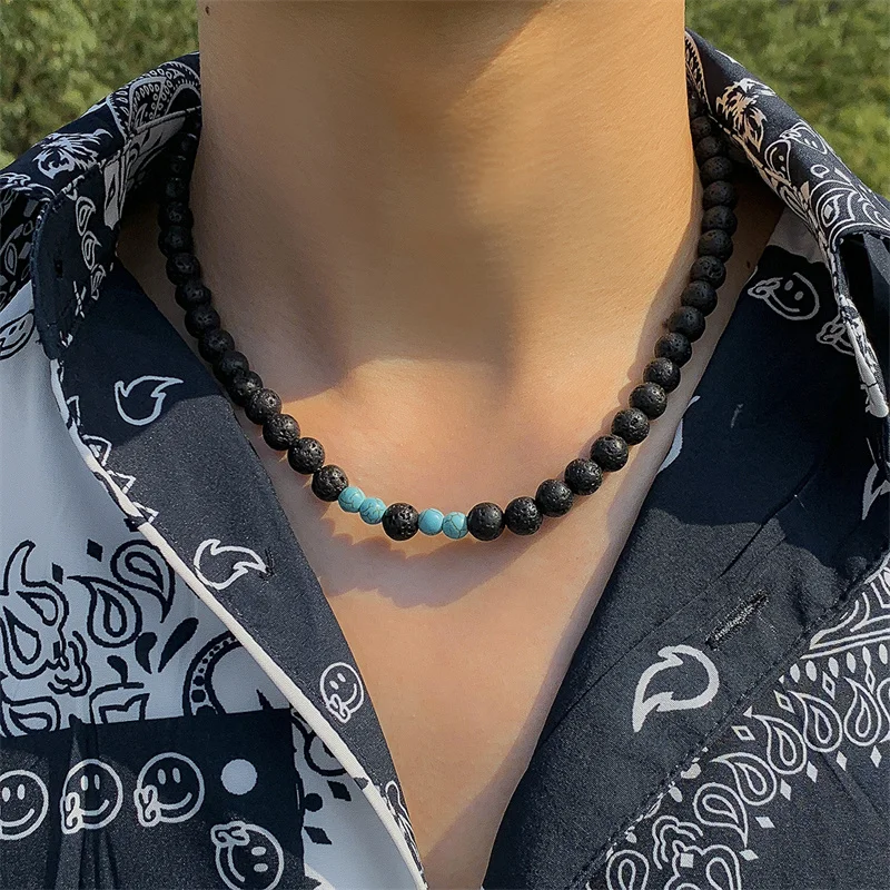 

Trendy Men's Fashion Design Black Stone Stitching Turquoise Necklace Simple Punk Hip Hop Jewelry Necklace Men's Party Jewelry