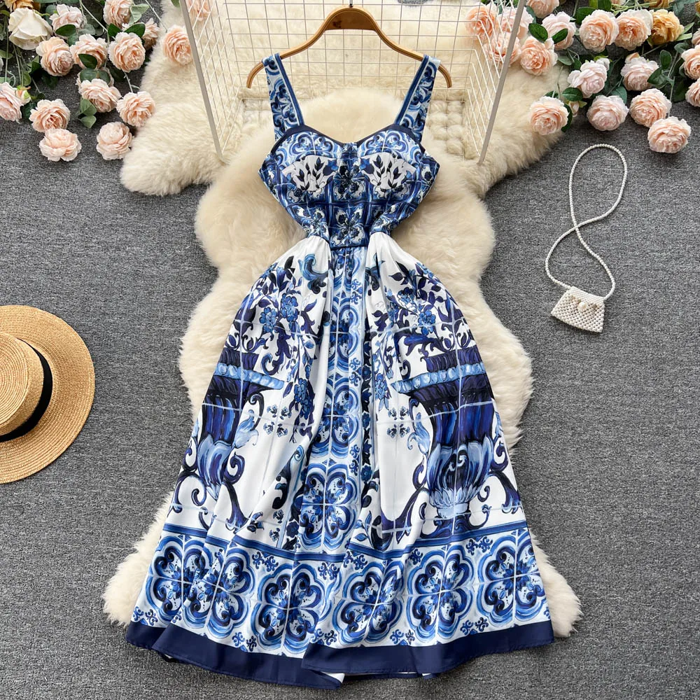 Retro Style Print Design Tube Top Suspender Dress Female Waist Lady Temperament Princess Skirt