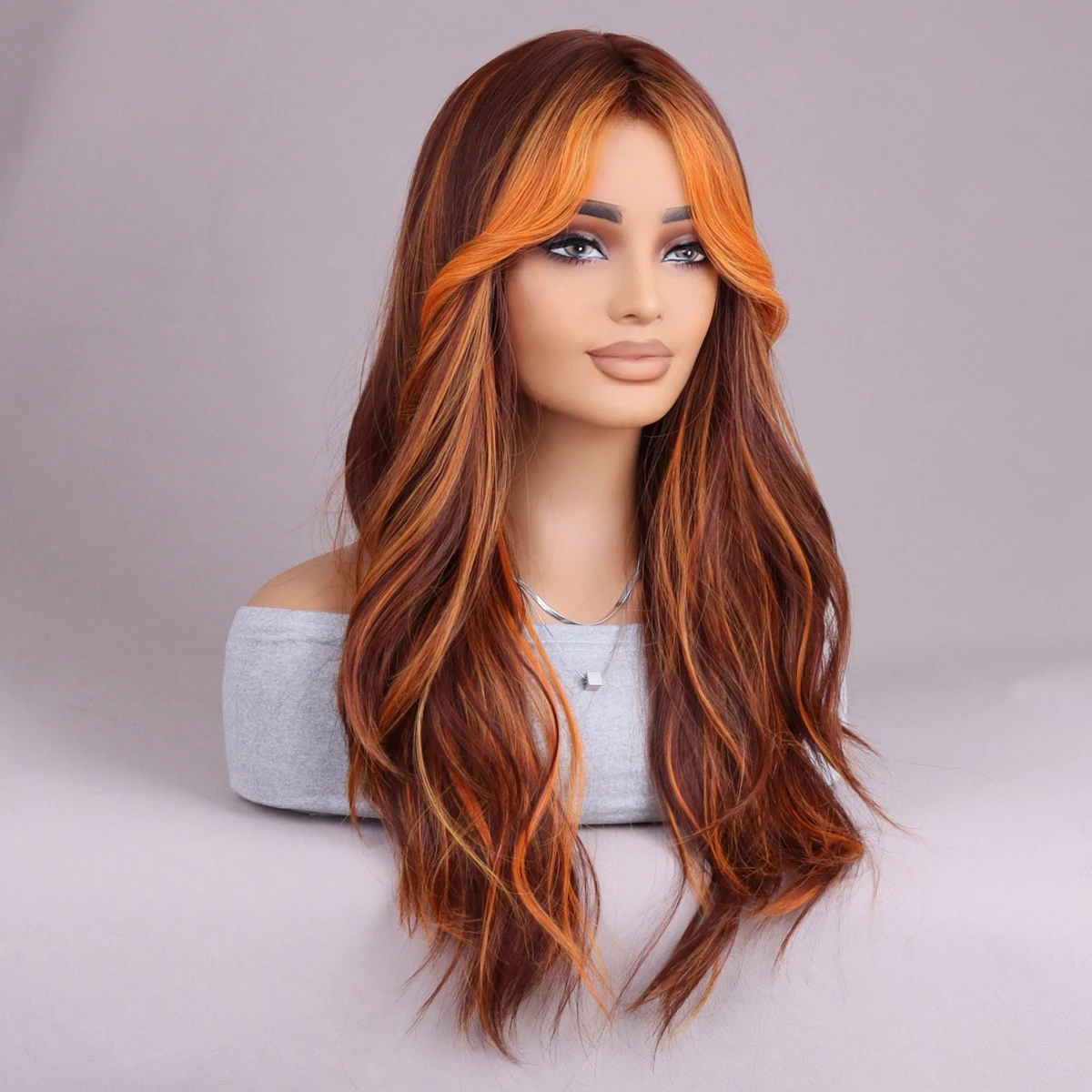 Красновато-коричневый с челкой натуральная волна для женщин термостойкие