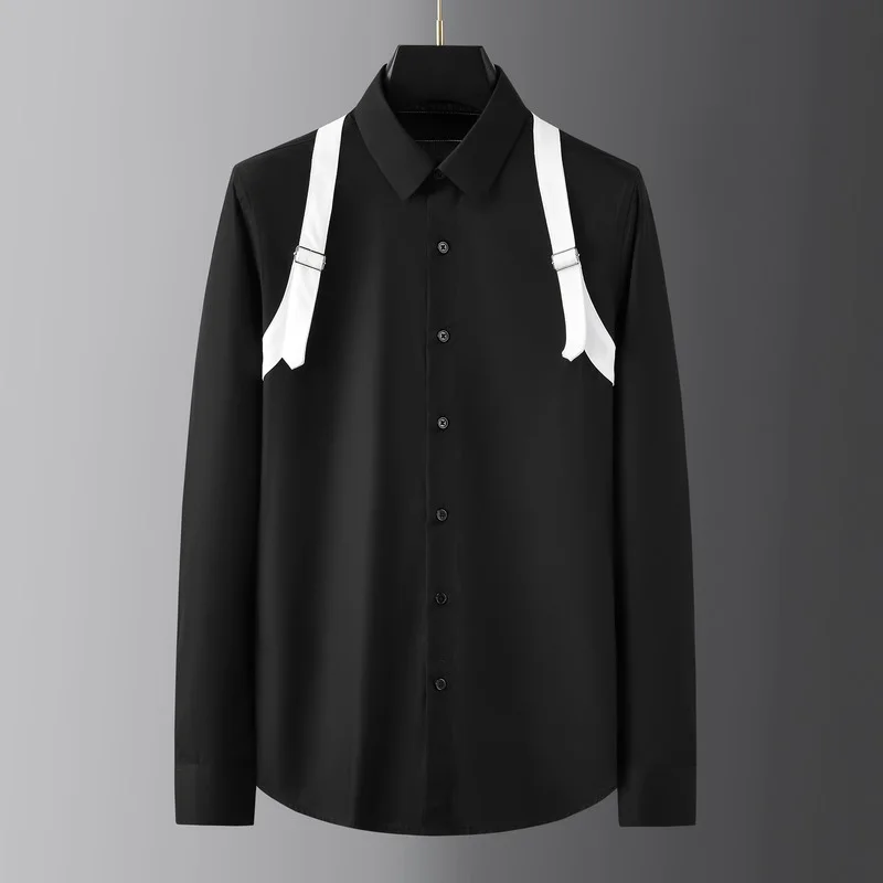 

2021 High Quality Men's Shirts Webbing Color Contrast Stitching Casual Dres Shirt Slim Fit Streetwear Social Party Tuxedo Blouse