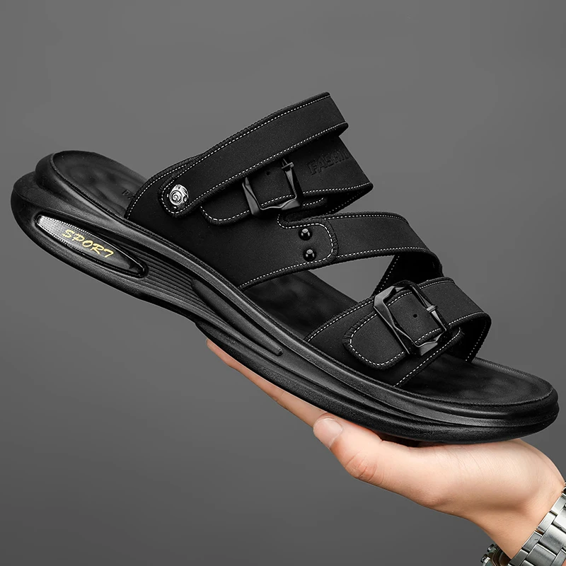 Сандалии мужские кожаные мягкие повседневные спортивные шлепанцы Нескользящие