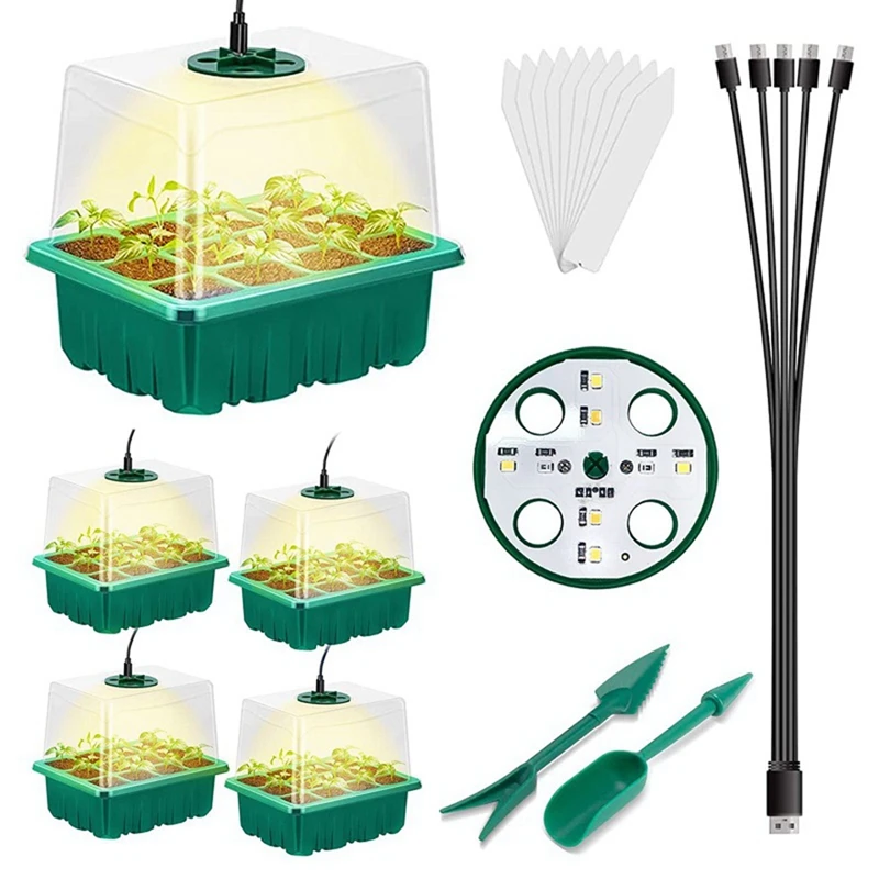 

Seed Starter Tray With Grow Light 8 Leds, 5 Packs Seedling Starter Trays With Humidity Dome (60 Cells)