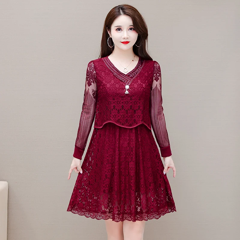 

Осенне-зимнее кружевное платье с вырезами, женское повседневное свободное вечернее платье с длинным рукавом и цветочным принтом, элегантны...