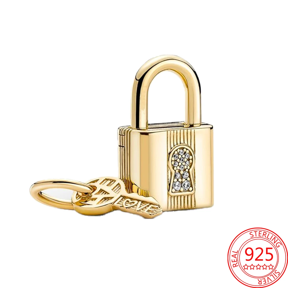 New Arrivals Gold Padlock & Key Dangle Charm Fits Brand Bracelet 925 Sterling Silver Girl Jewelry Gift