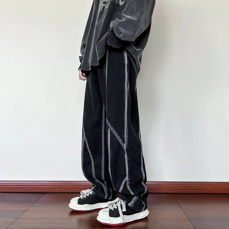 

ZCSMLL Personality Jeans Men's Street Spring and Autumn Hip-hop Loose Straight Tide Ins Student Sports Wide-leg Pants