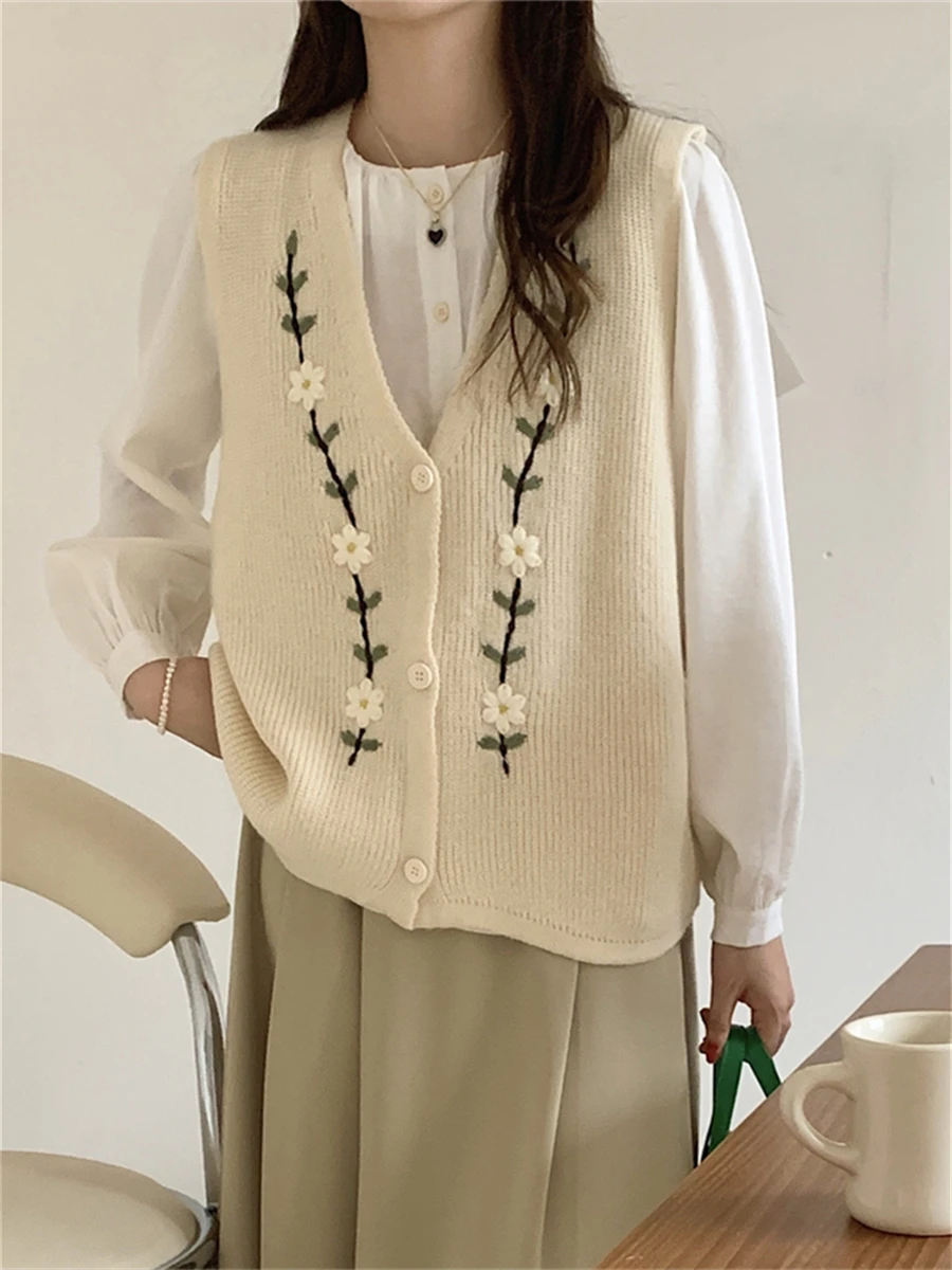 

Женский трикотажный жилет с цветочной вышивкой, элегантный вязаный свитер в Корейском стиле на осень и зиму, 2022