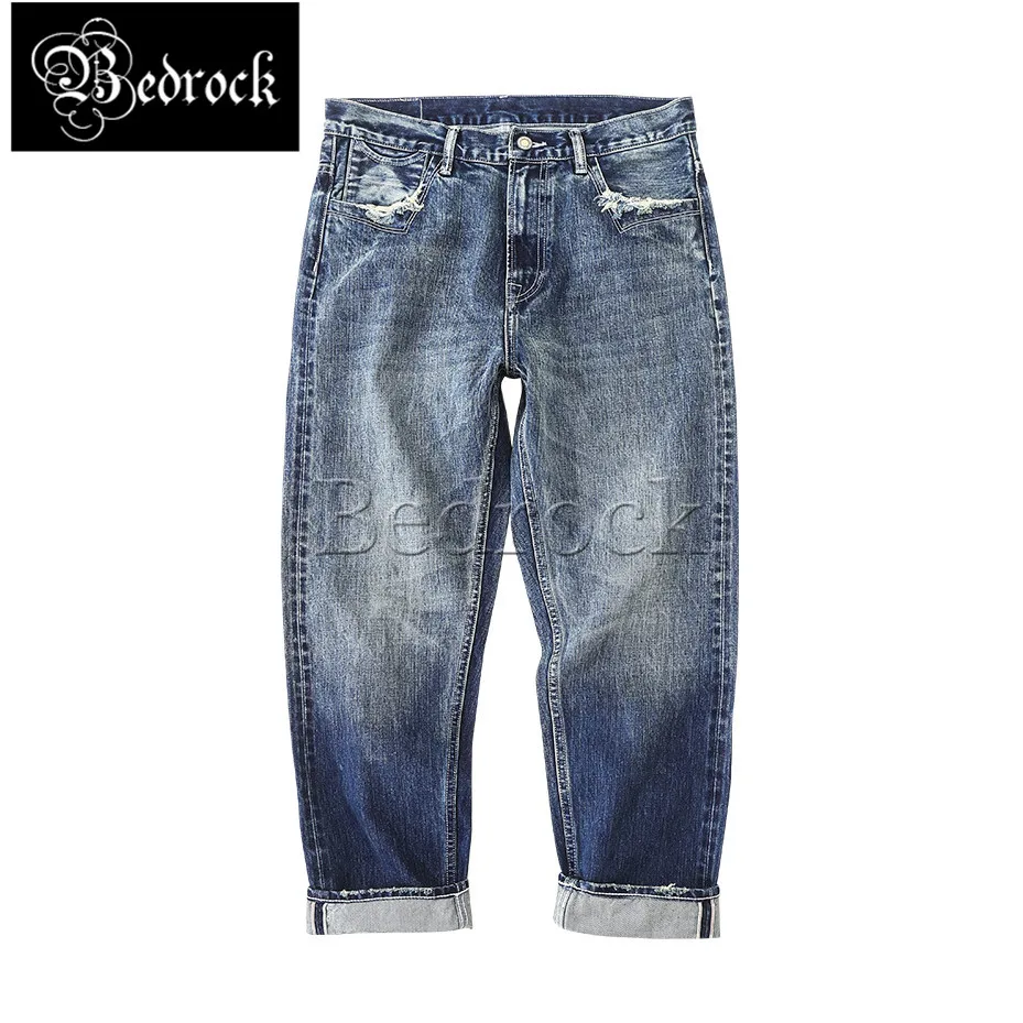 MBBCAR 11oz blue vintage Paris buckle selvedge denim jeans for men washed cat whiskers worn out old ripped cropped pencil pants