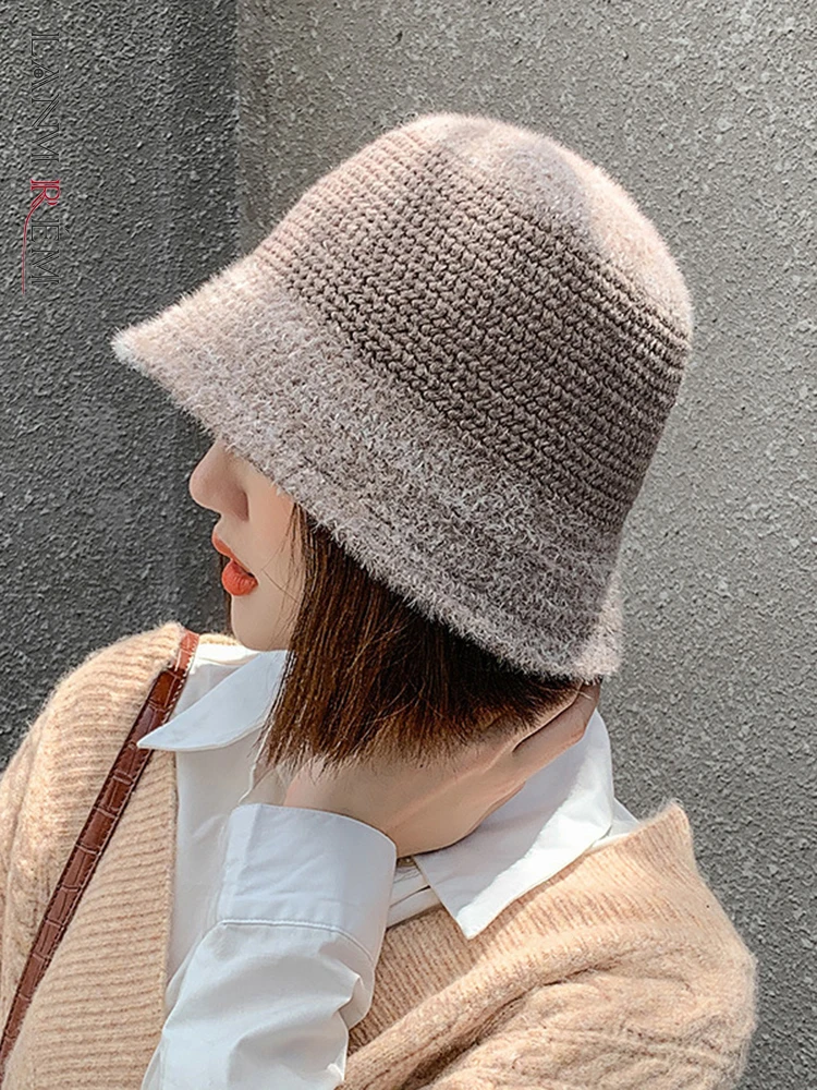 

LANMREM Patchwork Campaniform Bucket Hat For Women Solid Color Out Decoration Keep Warm Cap Fasion Female 2022 Spring 2N550
